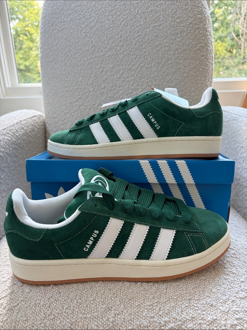 adidas Green Suede Campus Sneakers with White Stripes